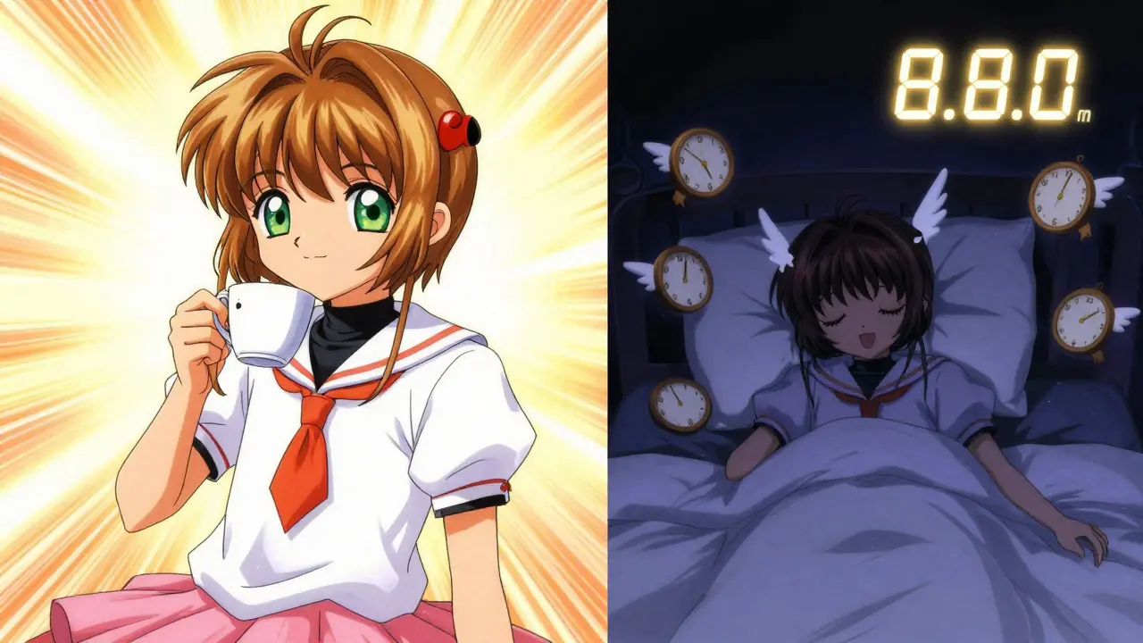 A person drinks coffee at 3 p.m. while shadowy clock spirits haunt them at midnight, with an 8.8-hour timer glowing above the bed.