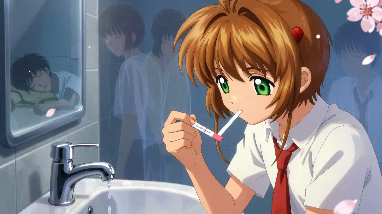 A person tests a pill with a strip showing one red line, ghostly figures fading in the background.