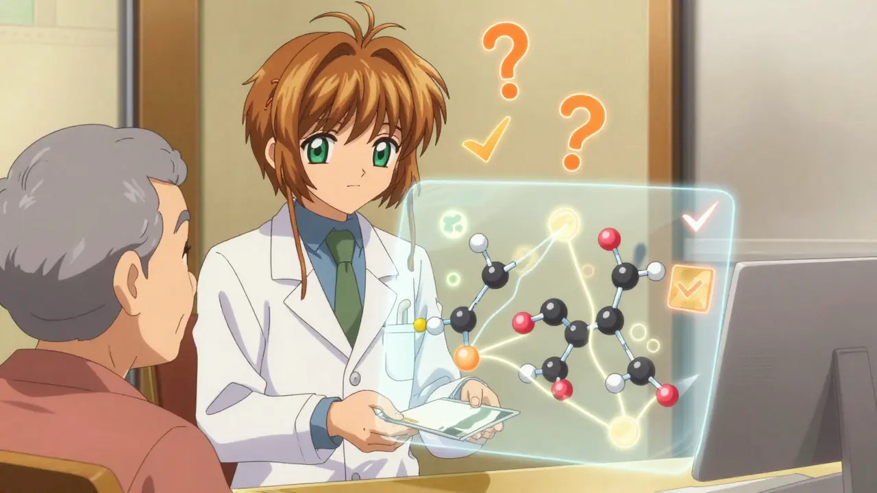 A pharmacist hands a prescription to an elderly patient, with glowing molecular structures visible in their bloodstream.