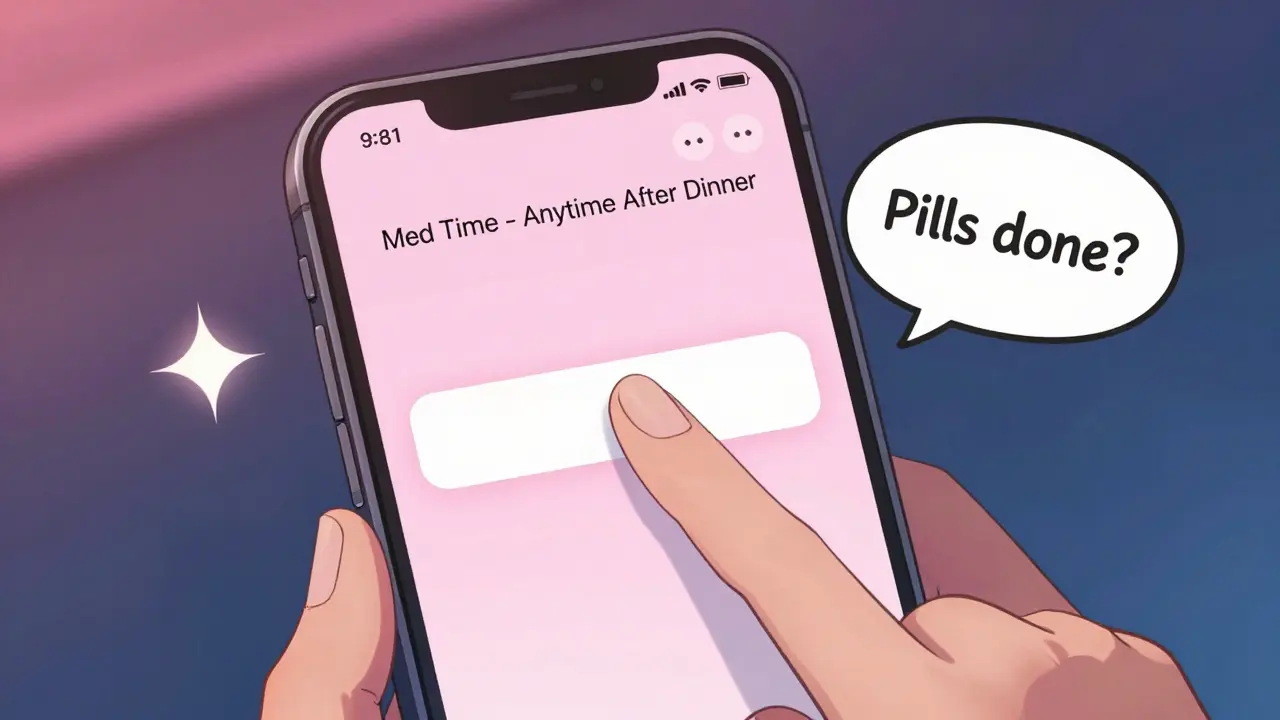 A phone screen showing a flexible medication reminder with a supportive text message glowing softly beside it.