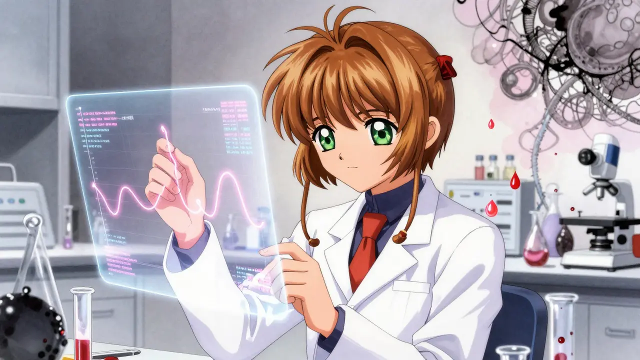 A scientist analyzing holographic drug data with floating test tubes and magic-like data streams.