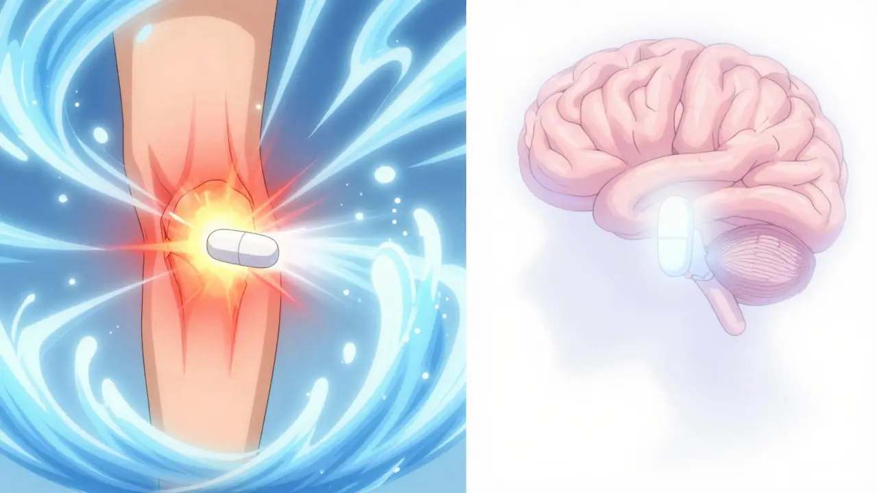 A split scene showing an ibuprofen pill calming inflammation versus acetaminophen affecting only brain pain signals.
