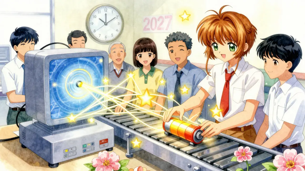 A team connects technology and human effort as a perfect battery moves forward under glowing stars.