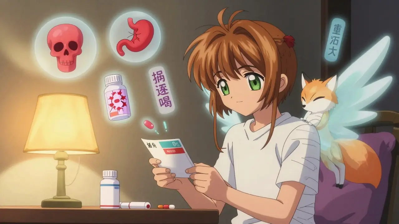 A teen reading medicine labels with floating warning symbols and a healing fox spirit watching over them.
