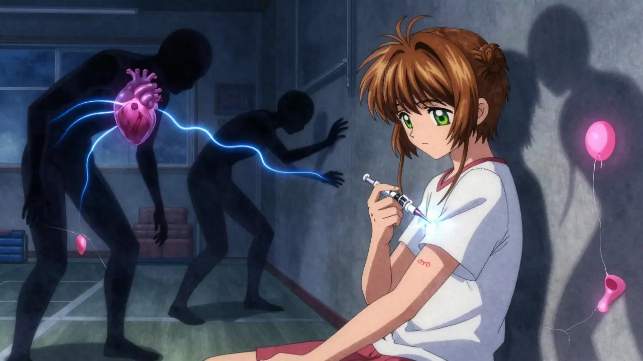 A teenager injects a glowing serum in a dark gym, with shadowy future selves reaching from the walls.