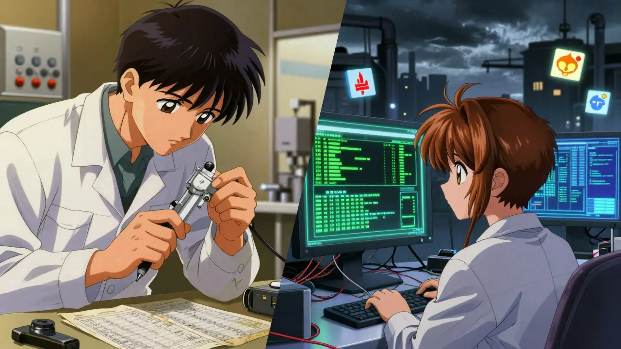 A veteran worker holds a micrometer beside a digital technician overwhelmed by chaotic AI alerts.