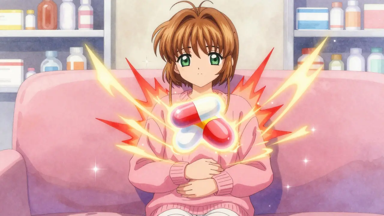 A woman with glowing pain-relief pills above her, golden waves calming red pain spikes around her body.