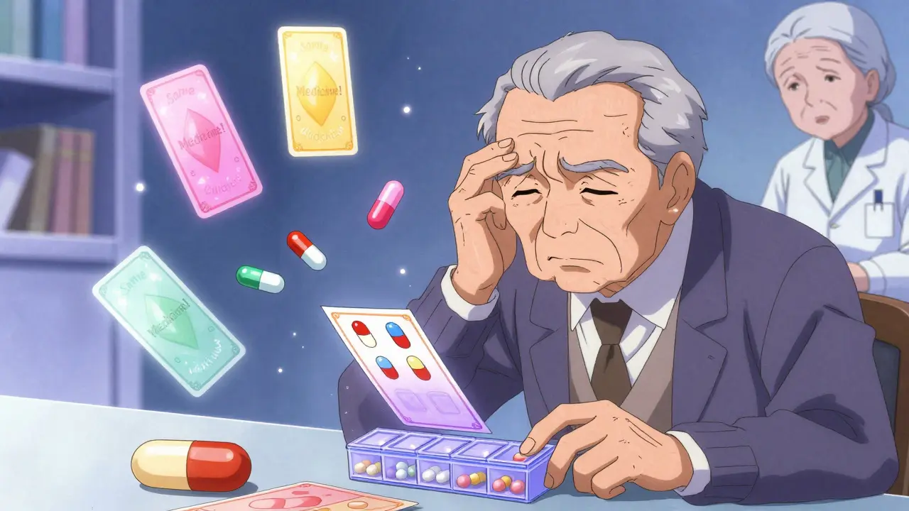 An elderly man confused by changing pill shapes, with a pharmacist showing him a visual guide.