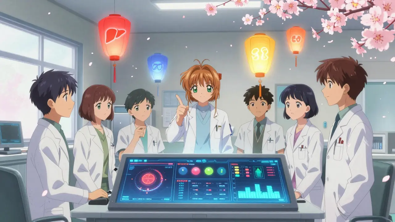 Clinical team reviewing real-time drug safety alerts as glowing lanterns on a floating dashboard.