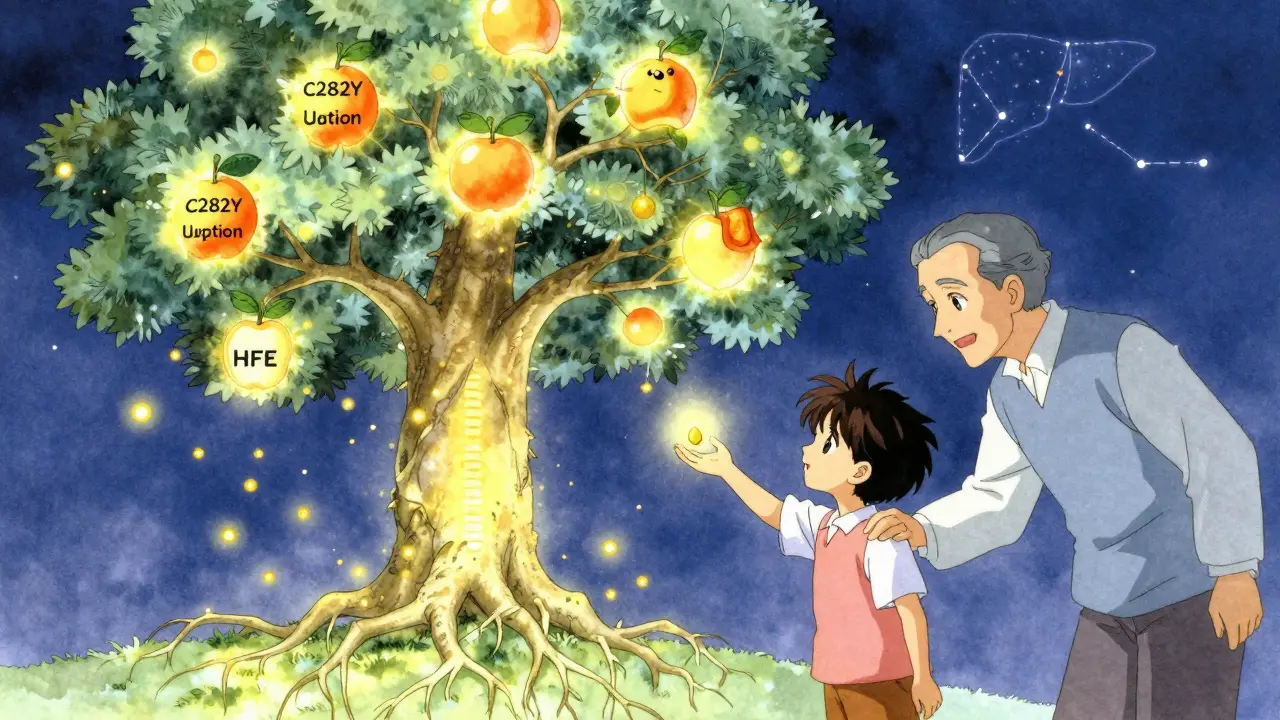 Family beside a gene-shaped tree with glowing mutation fruit, golden iron particles rising into the sky.