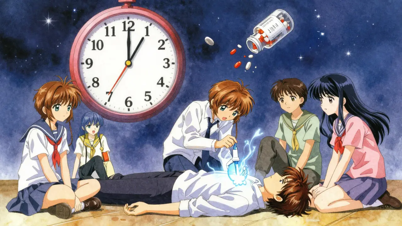 Friends administer Narcan to an unresponsive person as glowing energy and falling pill fragments surround them.