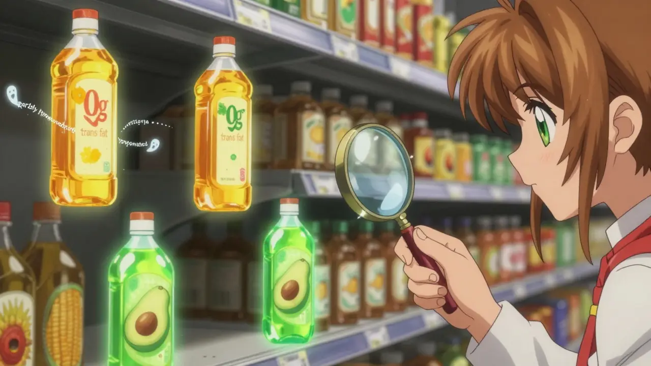 Glowing oil bottles on a shelf, one revealing hidden trans fat words, while healthier oils radiate green light.