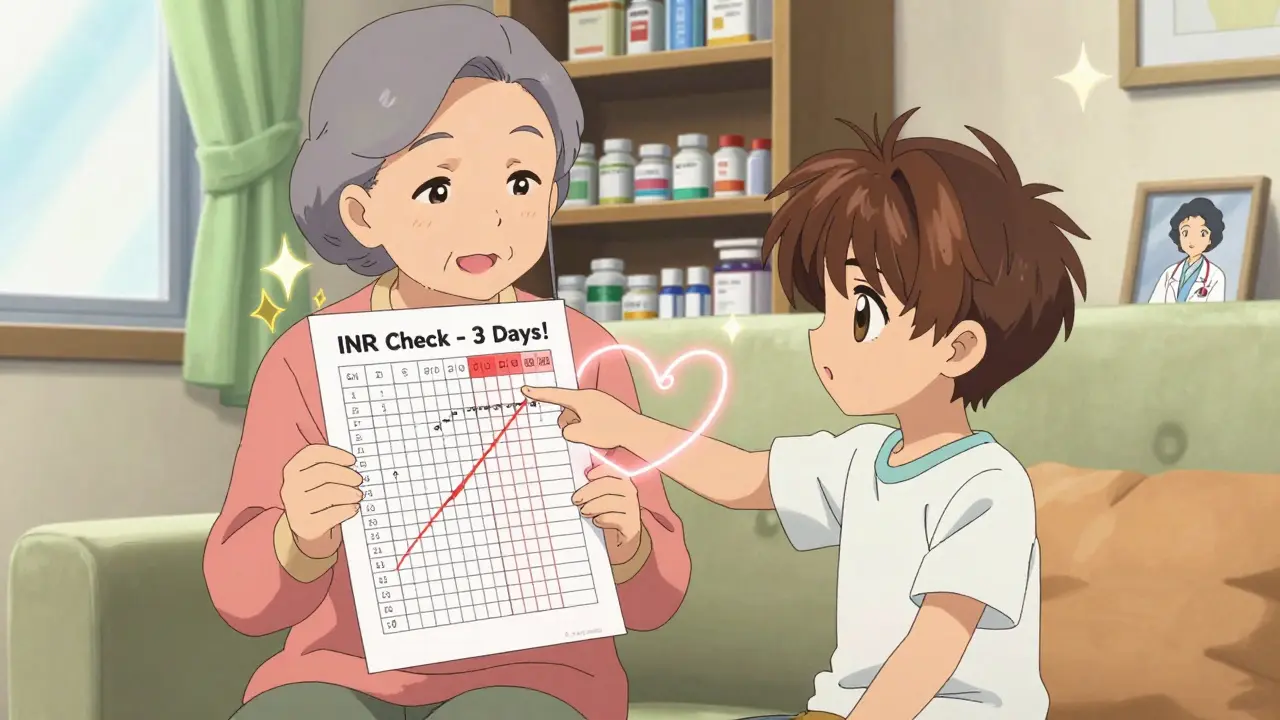 Grandmother and grandson review blood test chart with calendar reminder, heart pulse line connecting them.