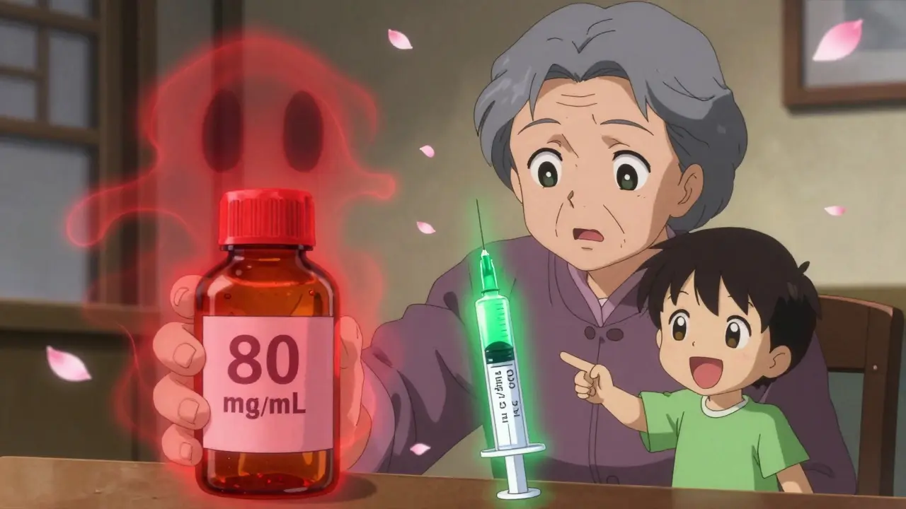 Grandmother holding an old medicine bottle as ghostly warnings rise, beside a modern syringe glowing with safety.