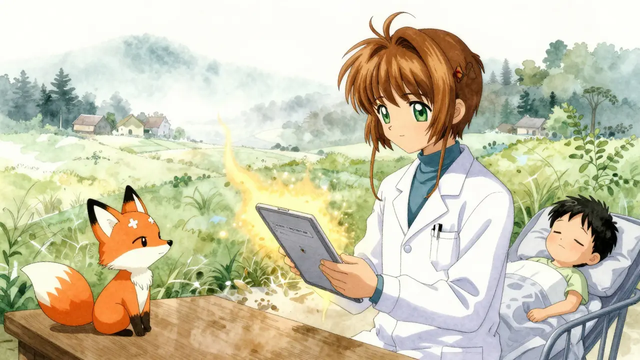 Healthcare worker submitting a report in a rural clinic, aided by a friendly spirit animal.