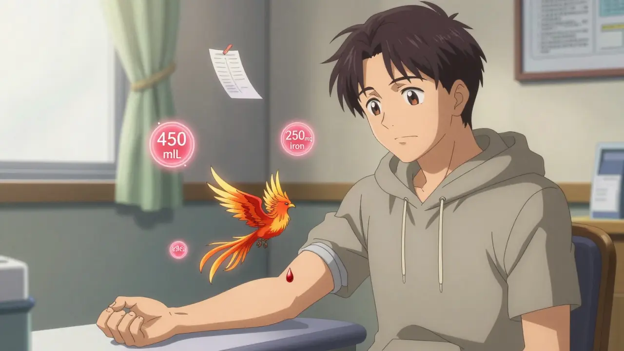 Man receiving phlebotomy as a blood droplet turns into a phoenix, medical icons swirling around him.