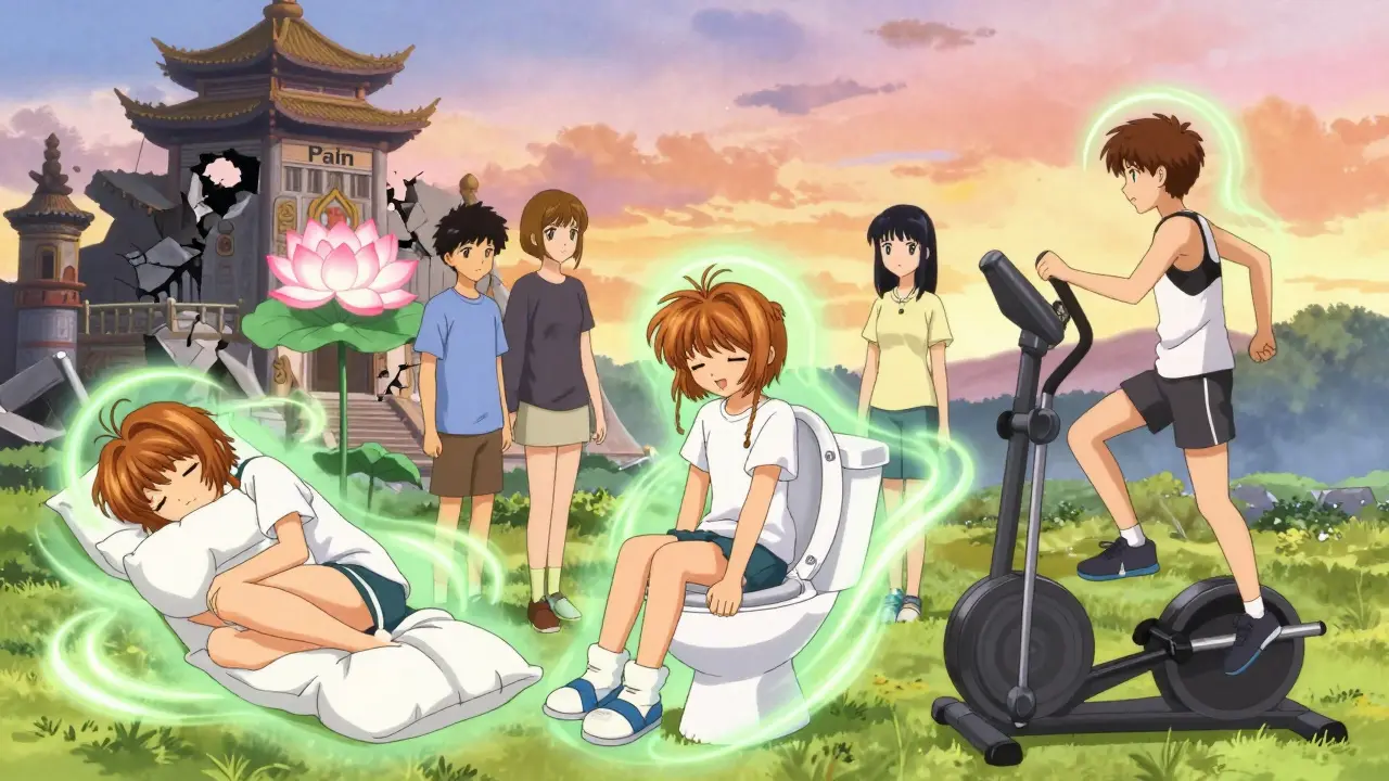 People practicing hip-safe habits surrounded by protective light, as pain fades into dust.