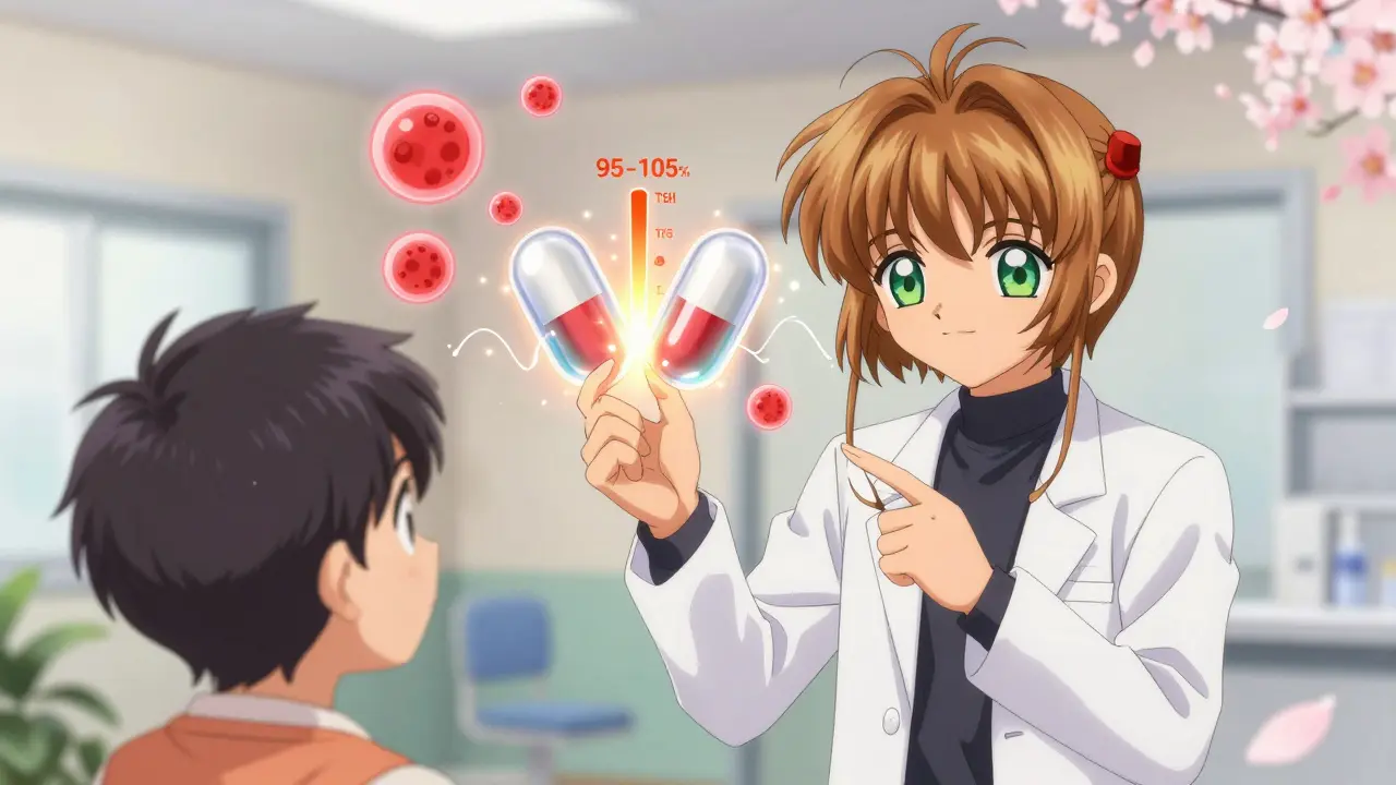 Pharmacist shows glowing generic and brand pills with bioequivalence scale, blood cells floating around.