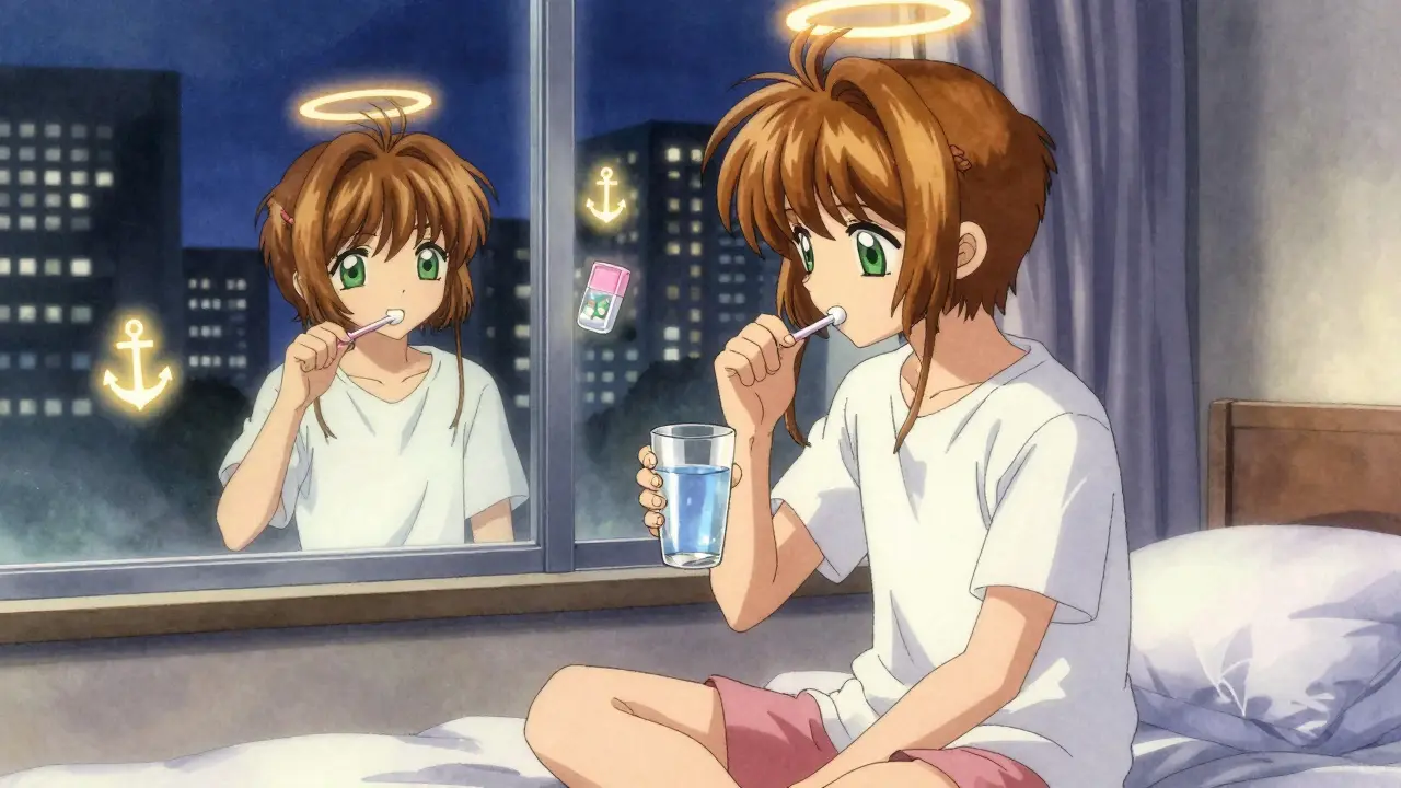 Someone taking medication at night in a hotel room, with glowing anchors symbolizing their consistent routines reflected in the mirror.