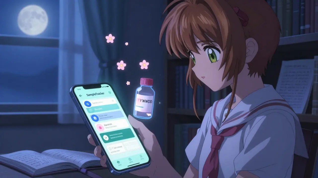 Someone using a glowing app to track sample expiration dates, with holographic alerts like cherry blossoms in nighttime anime scene.