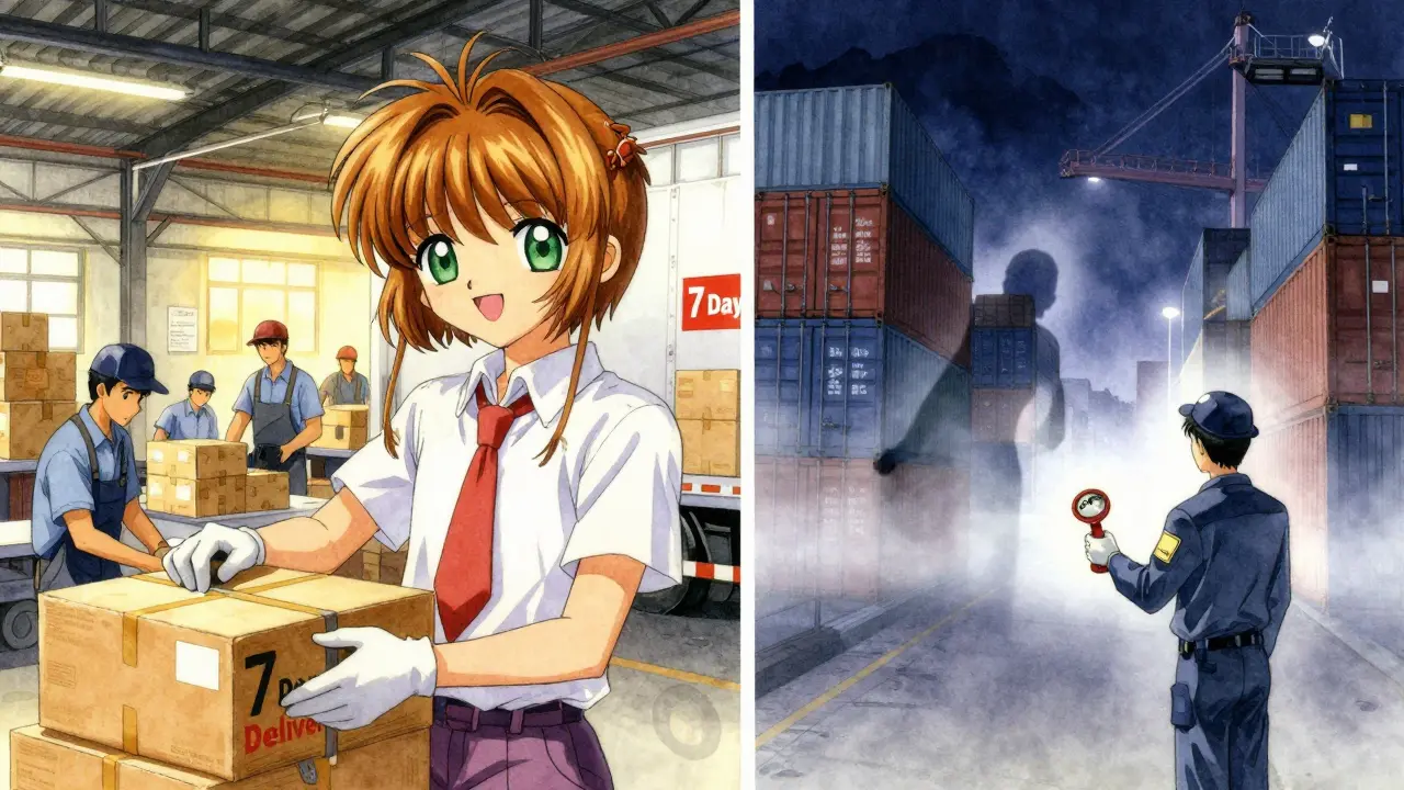 Split scene: warm Mexican factory vs. foggy Chinese port with a stolen formula ghost.