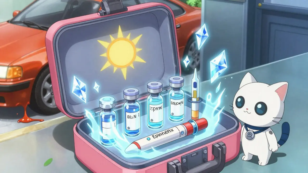 Temperature-controlled case opens to reveal glowing insulin vials protected by ice and sun energy.