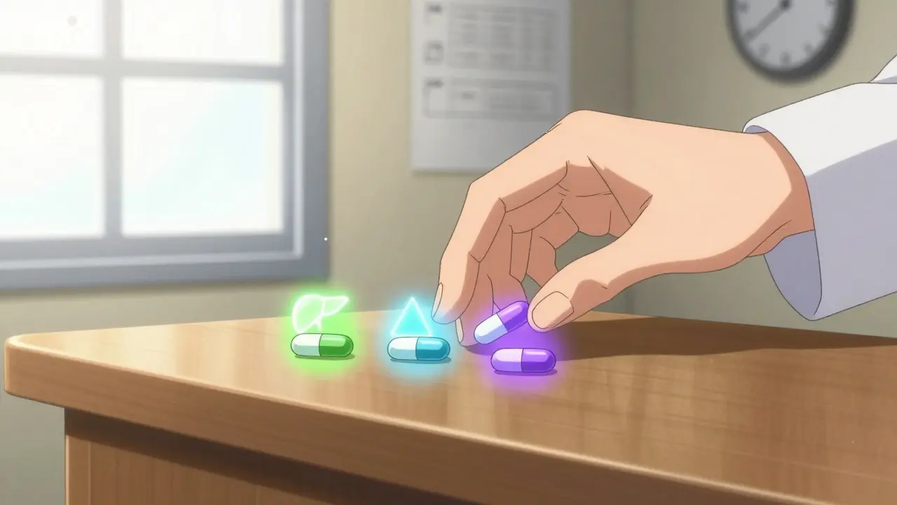 Three generic pain pills on a counter, each emitting a colored aura, with faint liver and kidney warning symbols nearby.