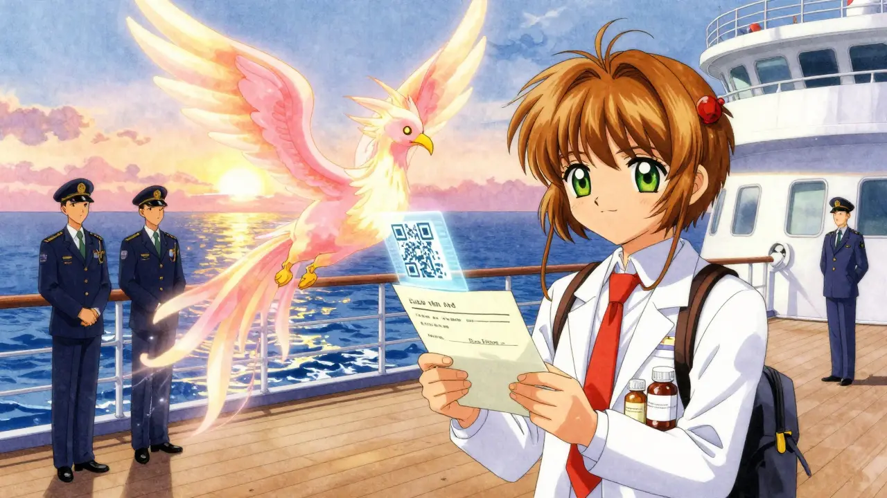 Traveler on a cruise deck holding doctor’s letter as a phoenix spirit displays a holographic medical QR code.