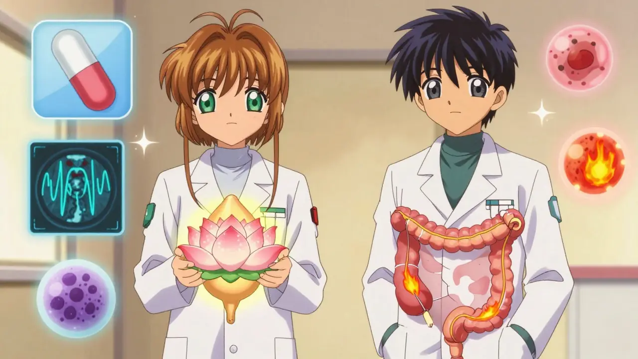 Two characters beside contrasting surgical outcomes: a healing pouch and recurring inflammation, in soft anime lighting.