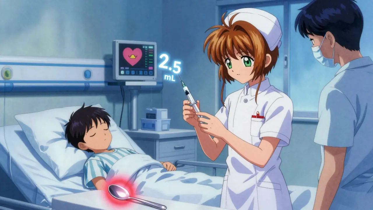 Two healthcare workers verifying a pediatric dose with a glowing milliliter reading and a warning spoon in the background.