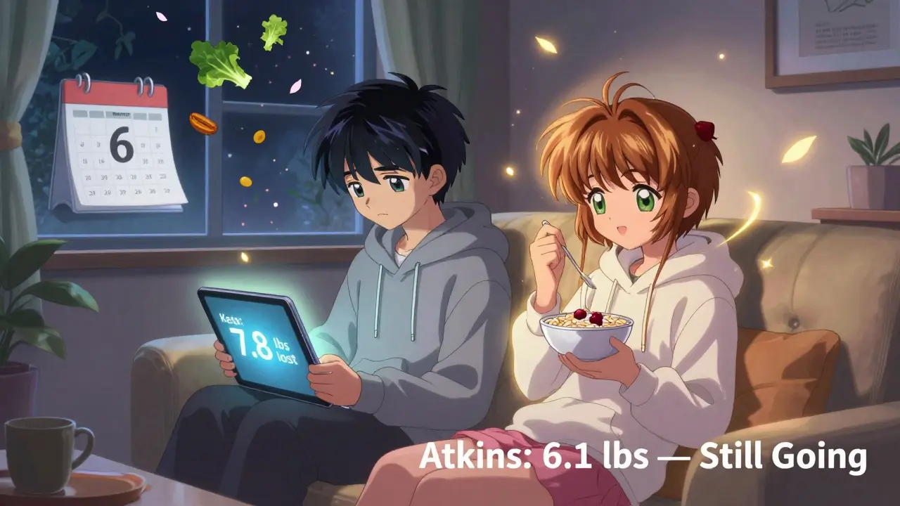 Two people in a cozy room: one stressed over keto stats, another relaxed enjoying carbs, with a calendar showing long-term results.