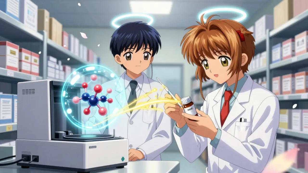 Two pharmacists use magical devices to scan and verify a pill bottle with glowing molecular data.