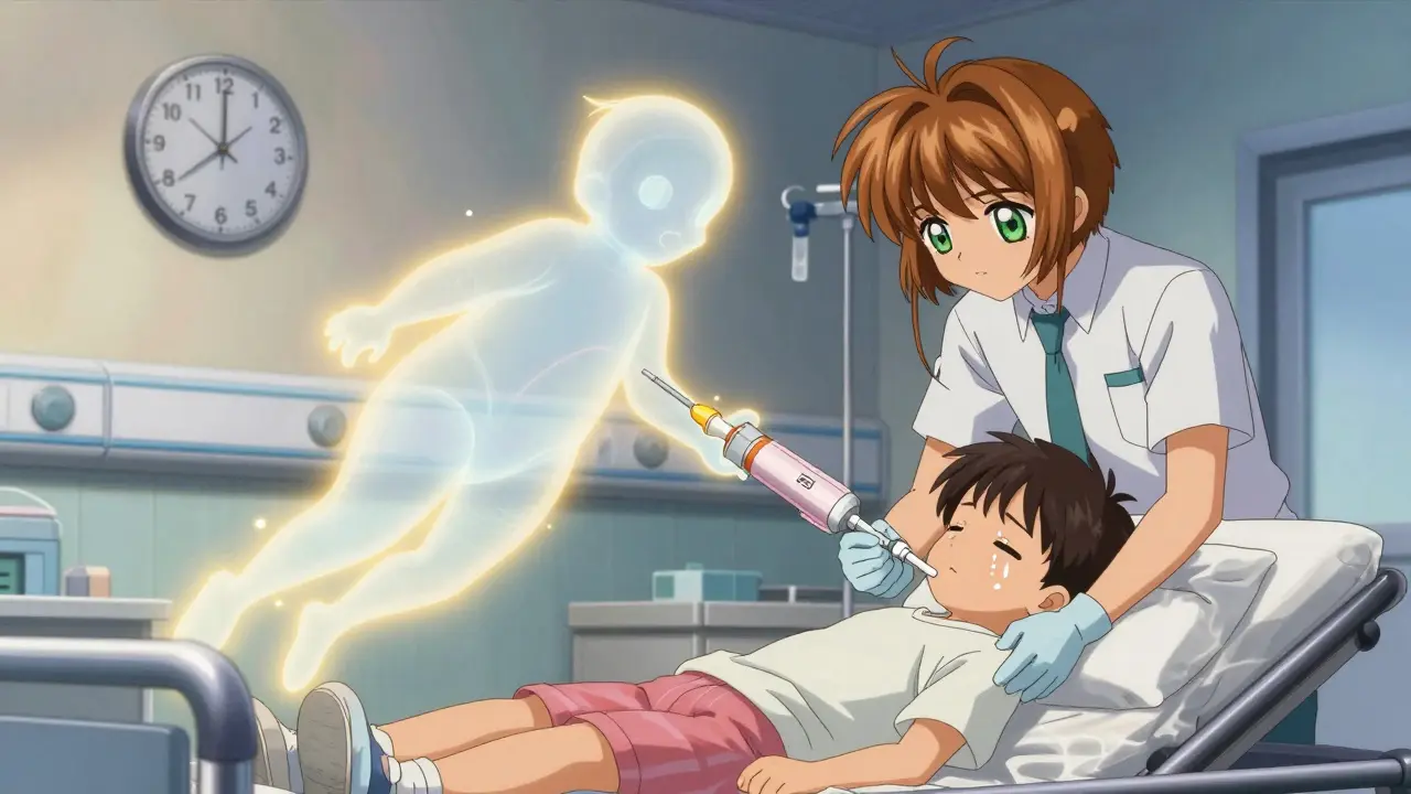 A child in hospital after epinephrine injection, with a glowing injector spirit above them.