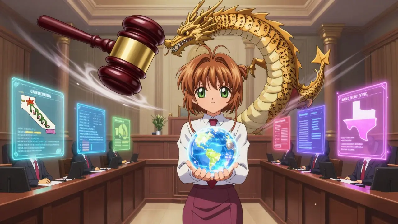 A courtroom where the Supreme Court gavel becomes a dragon, surrounded by holographic state laws and a RegTech orb.