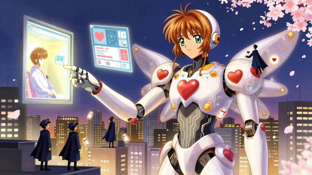 A giant heart-shaped surveillance robot monitoring patient data from hospitals, with inspectors climbing its limbs in soft pastel tones.