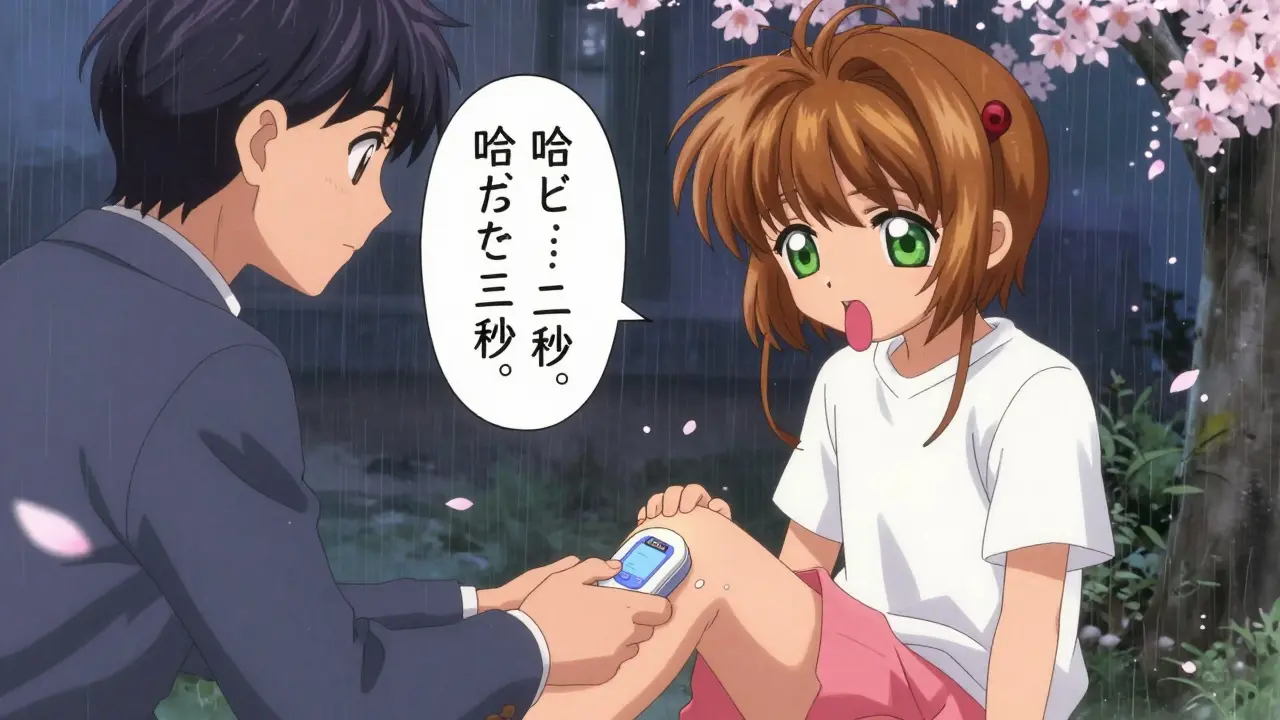 A parent administering an Auvi-Q to a child, with voice instructions floating in the air.