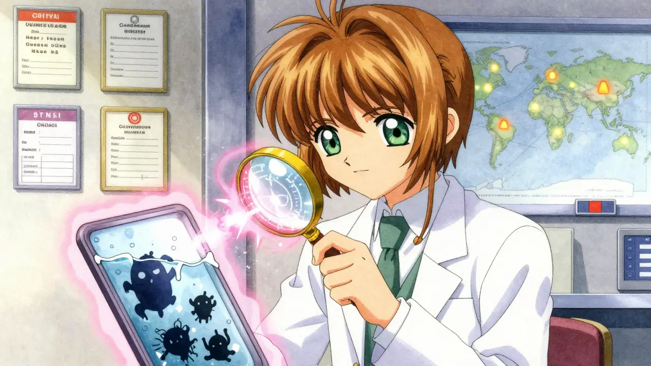 A pharmacist neutralizing impurities in a pill with glowing runes, surrounded by inspection badges and factory maps in delicate anime art.
