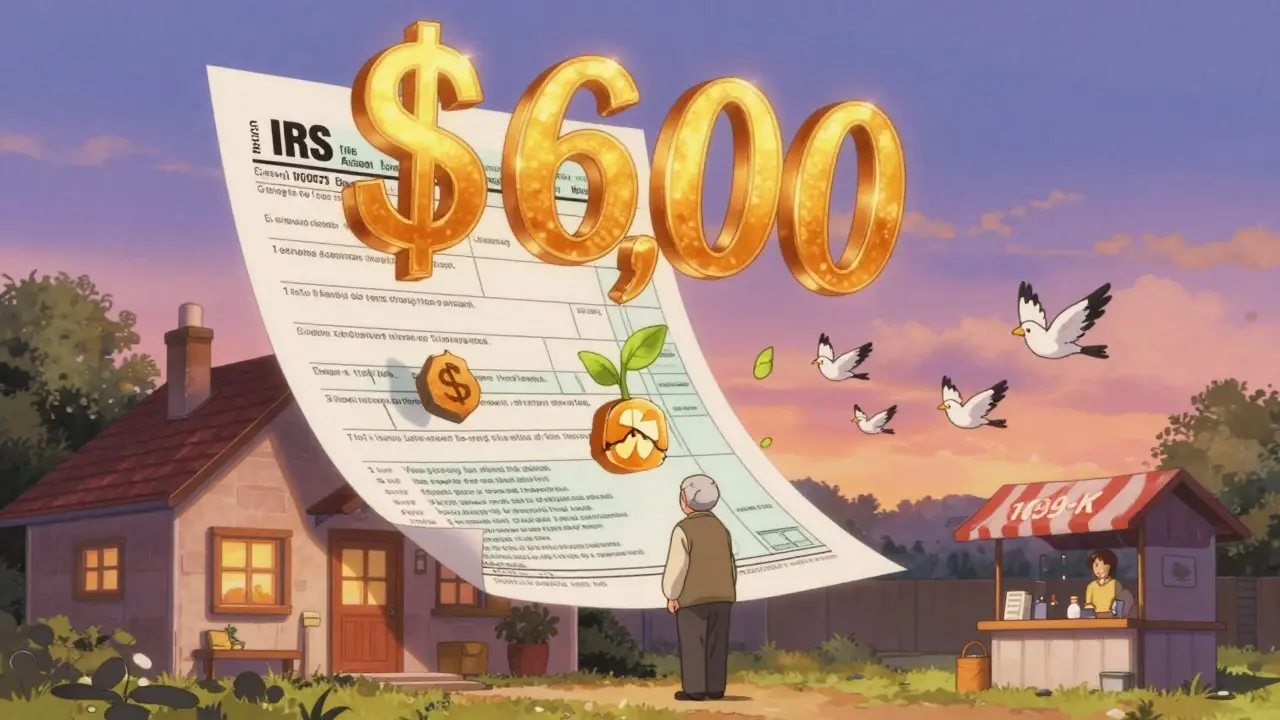 A retiree’s home glows with golden ,000 tax runes as 1099-K birds fly away under twilight skies.