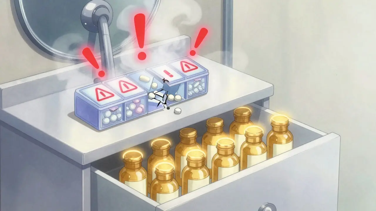 A steamy bathroom with a damaged pill organizer and glowing warning symbols, contrasted by safely stored bottles.