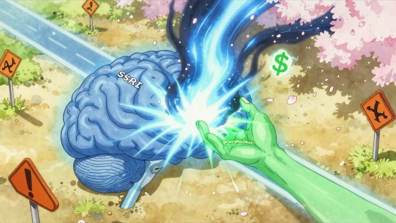 A surreal brain scene where serotonin pathways merge into a stormy energy vortex, surrounded by warning symbols and dissolving petals.