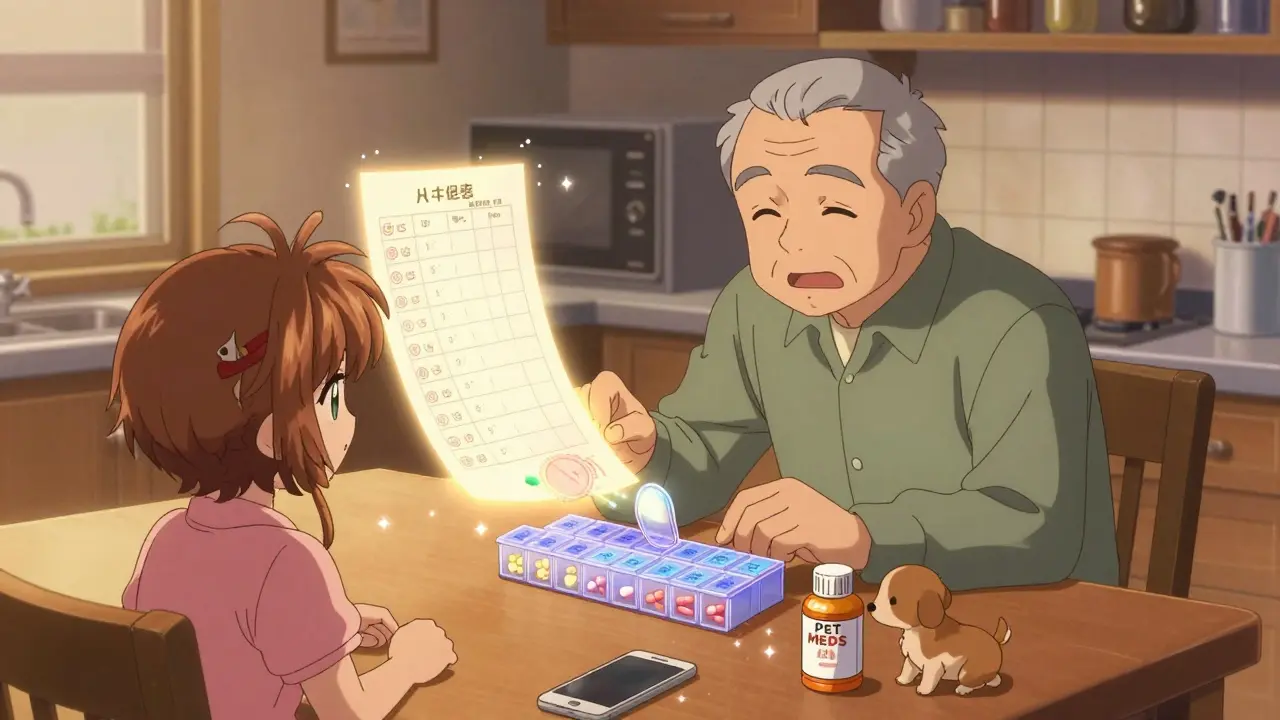 An elderly man and granddaughter filling a pill organizer together with a floating checklist and pet meds separated.