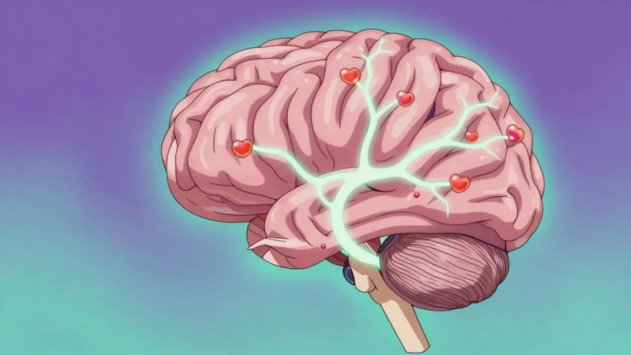 Brain with neural pathways and heart-shaped particles, anime style