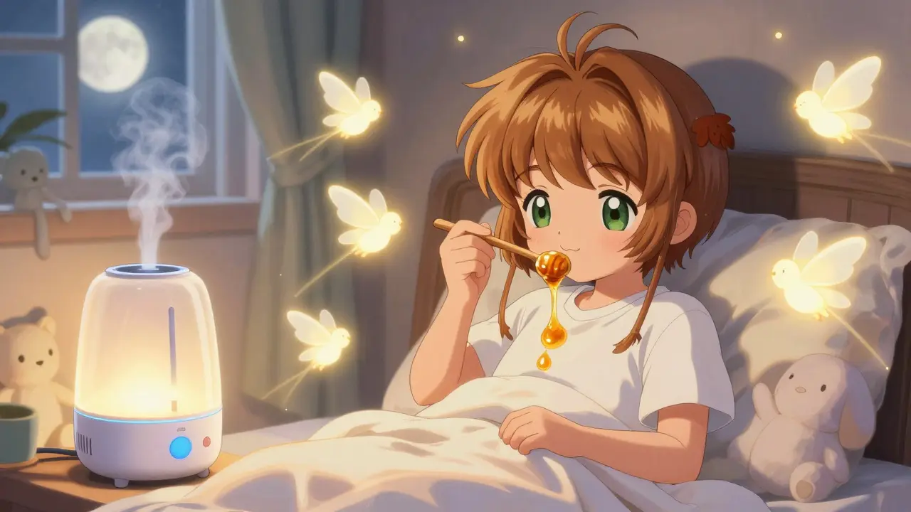 Child drinking honey from a spoon at bedtime, surrounded by glowing golden spirits.