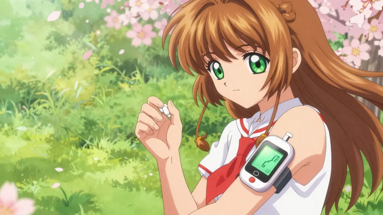 Person holding glucose tablets with CGM in park, vibrant anime art.