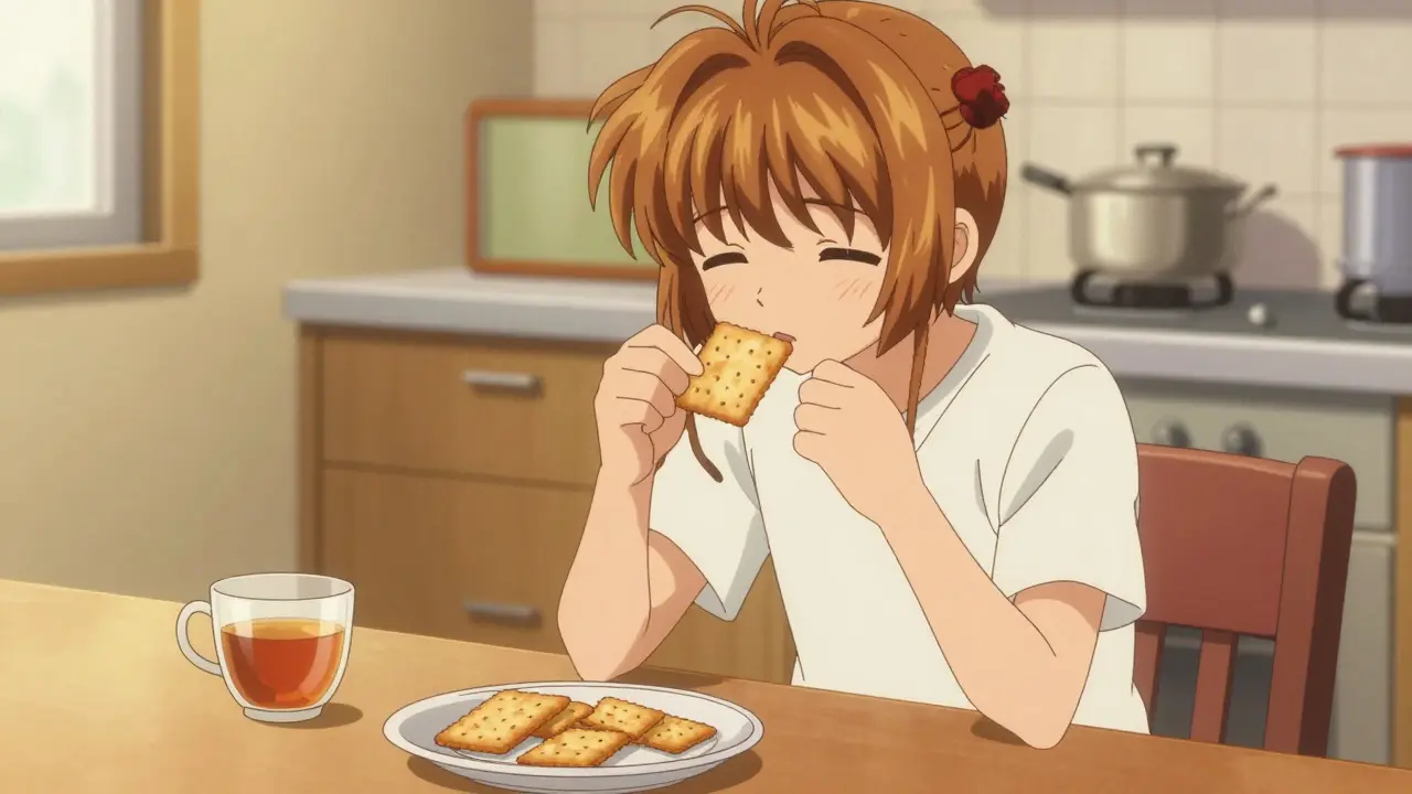 Person taking duloxetine with snacks and tea, managing nausea