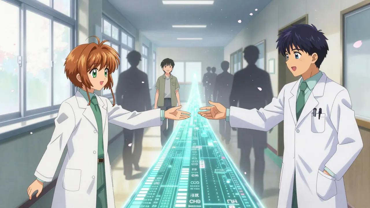 Pharmacist and doctor connecting data streams as a patient walks away safely, cherry blossoms drifting around them.