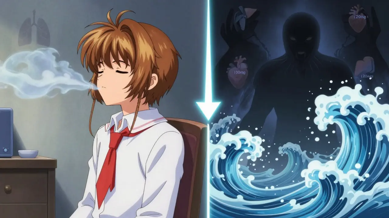 Split scene showing calm breathing turning chaotic as a dose reduces from 100mg to 25mg with medical icons fading.