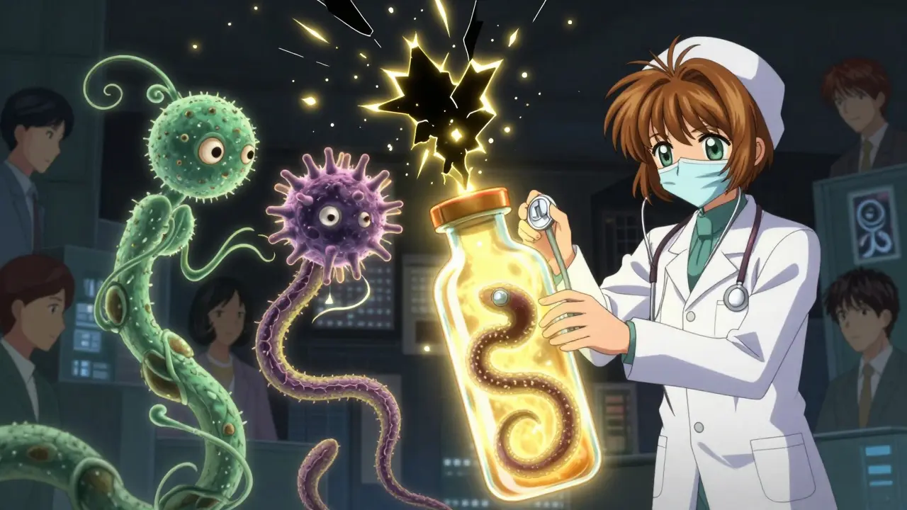 Three bacterial pathogens being sealed in a glowing vial by a healthcare worker, surrounded by medical symbols and diverse faces.