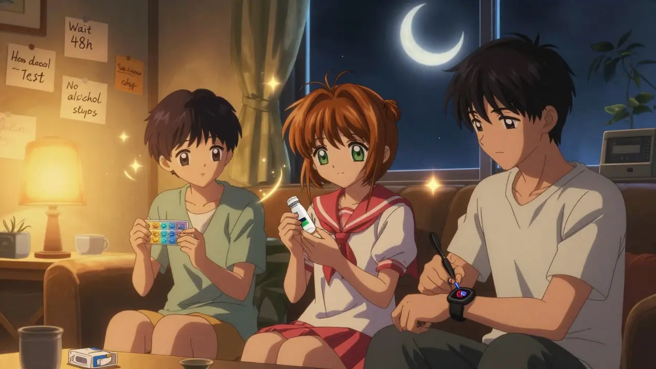 Three friends in a cozy room with a pill organizer, naloxone, and handwritten safety notes under warm lamplight.