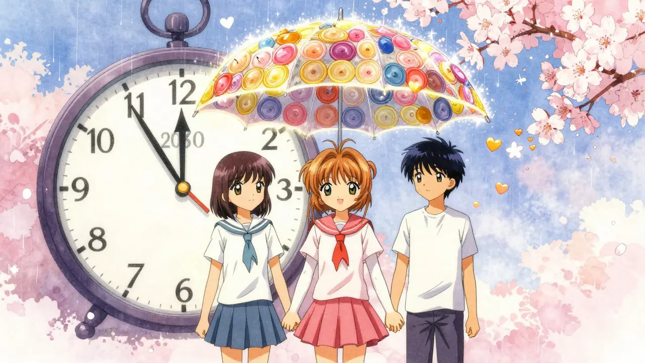 Three young people holding hands under an umbrella made of condoms, with golden test results and hearts floating around them.